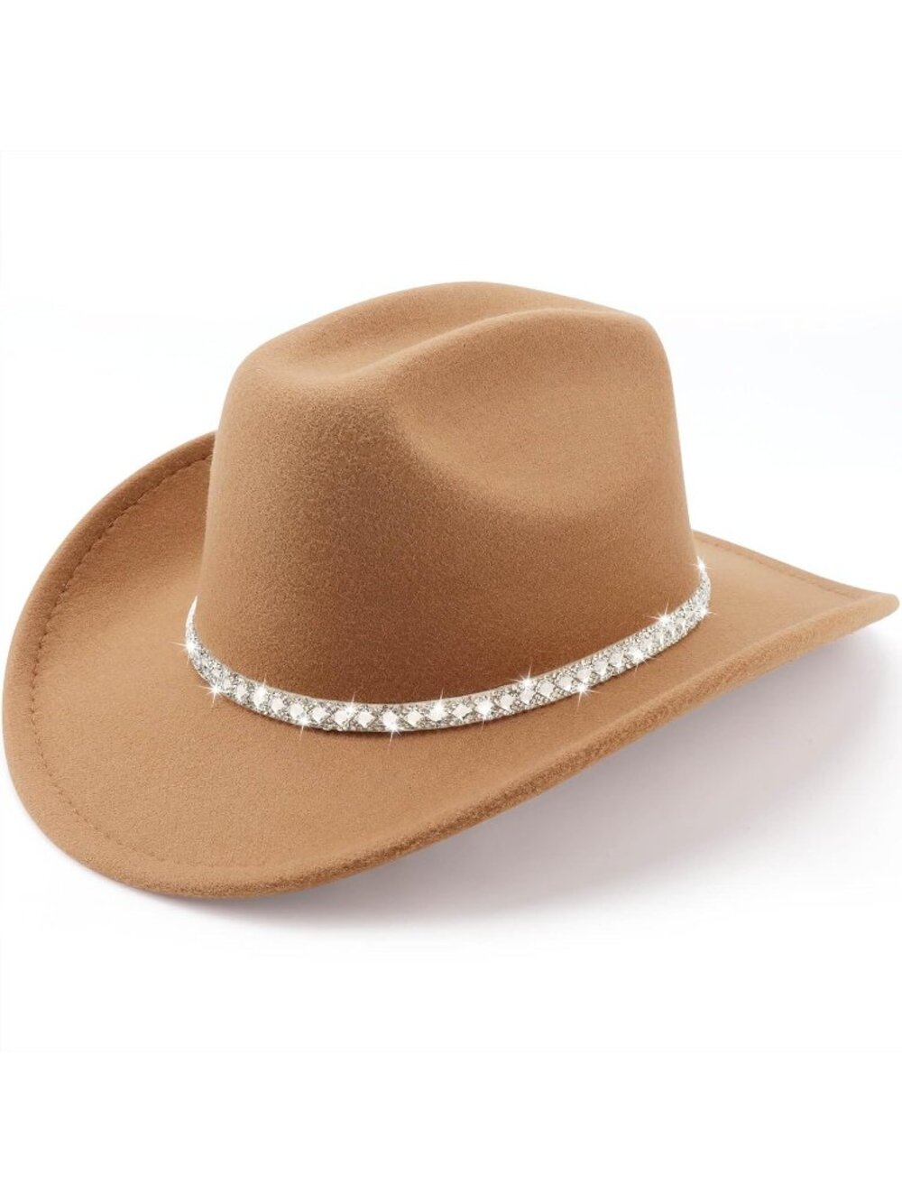 Unisex Camel Felt Wide Brim Fedora Belt Buckle Western Cowboy Rolled Cap Hat